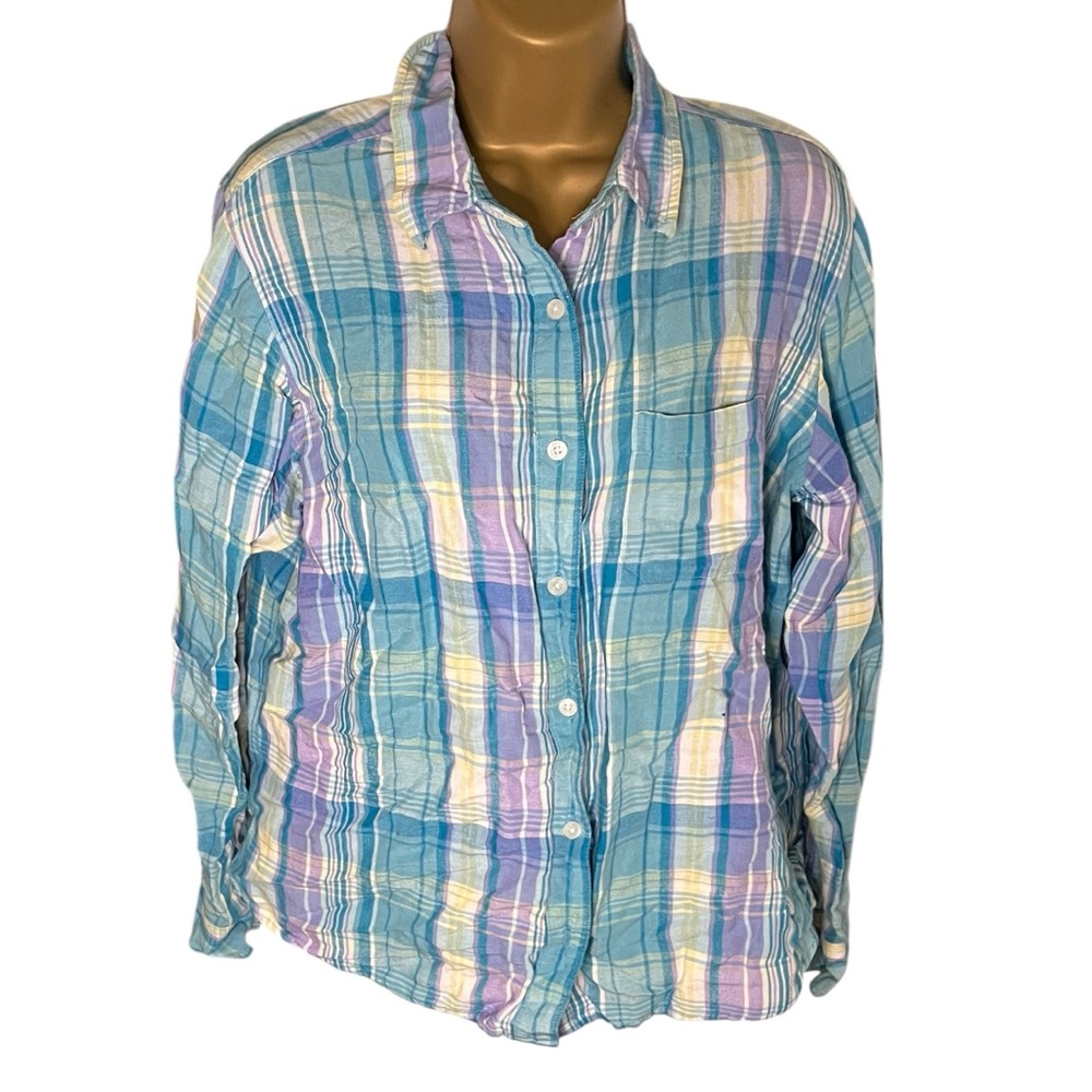 Vintage 90s Y2K Classic Blues Plaid Button Down Shirt Linen Blend Pastel L